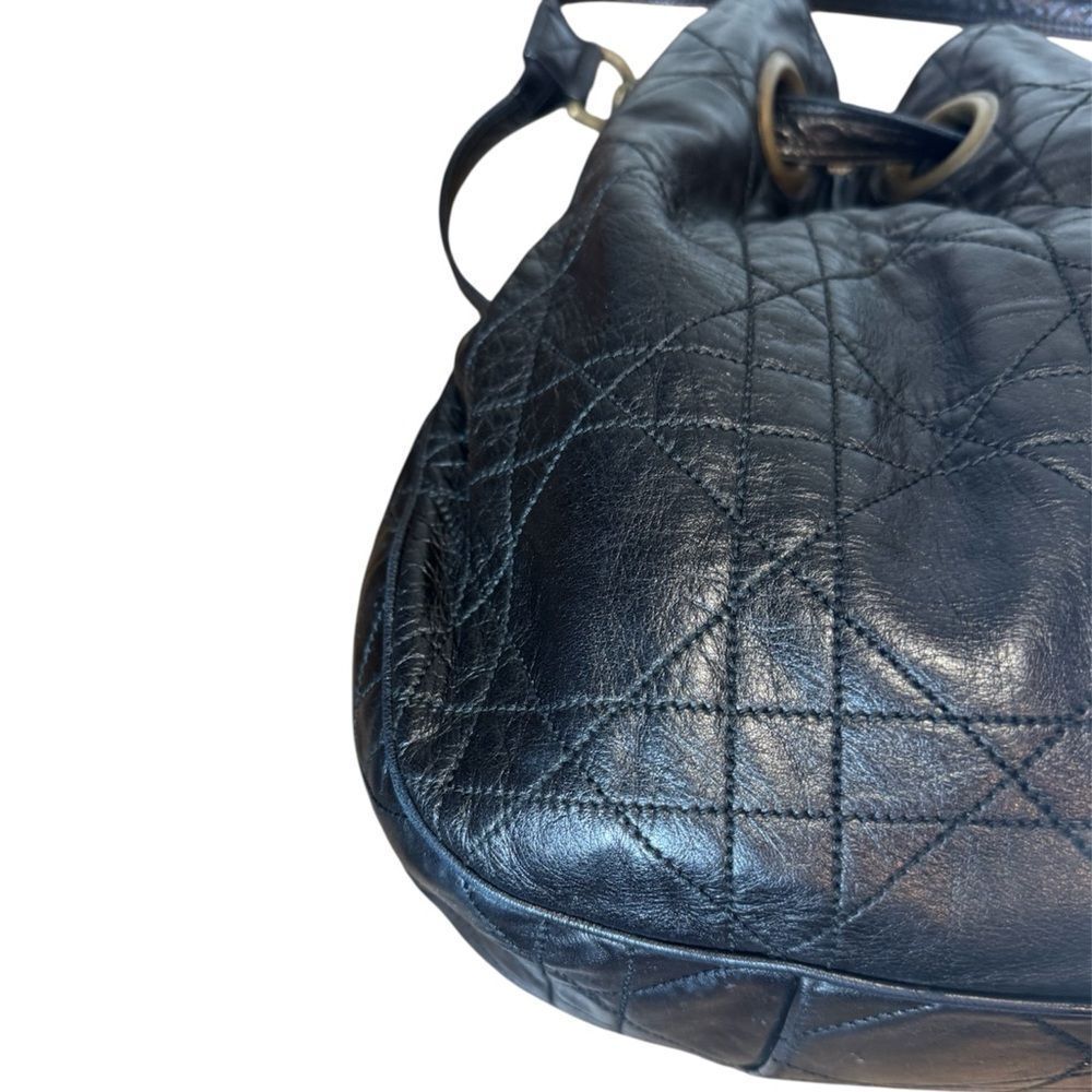 DIOR Black Quilted Cannage Leather Drawstring Hobo Bucket Shoulder Bag Auth Ex++ - Picture 12 of 16